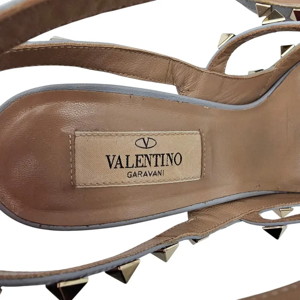 Valentino Garavani Rockstud Cage Heel Pump T Strap Gray Suede Gold Size 38 US 8